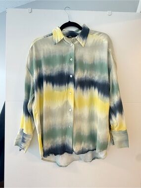 Zara Watercolor Print Satin Button-Up Blouse | Size Small